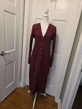 Anthropologie Grey State Ribbed Maxi Button-Front Dress - Burgundy Size Large